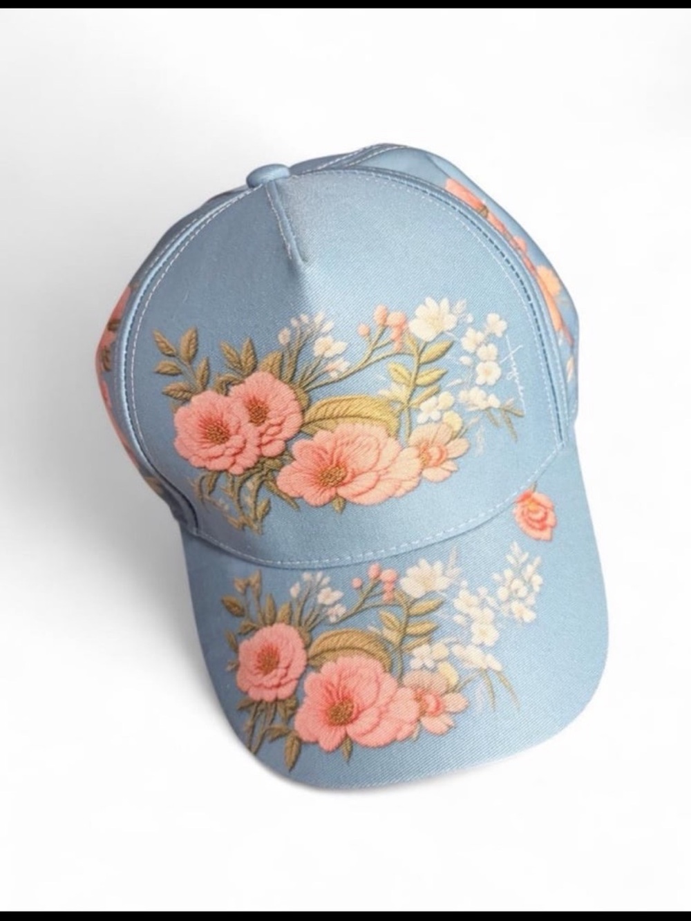 Women’s Floral Baseball Cap - Light Blue with Pink Flowers